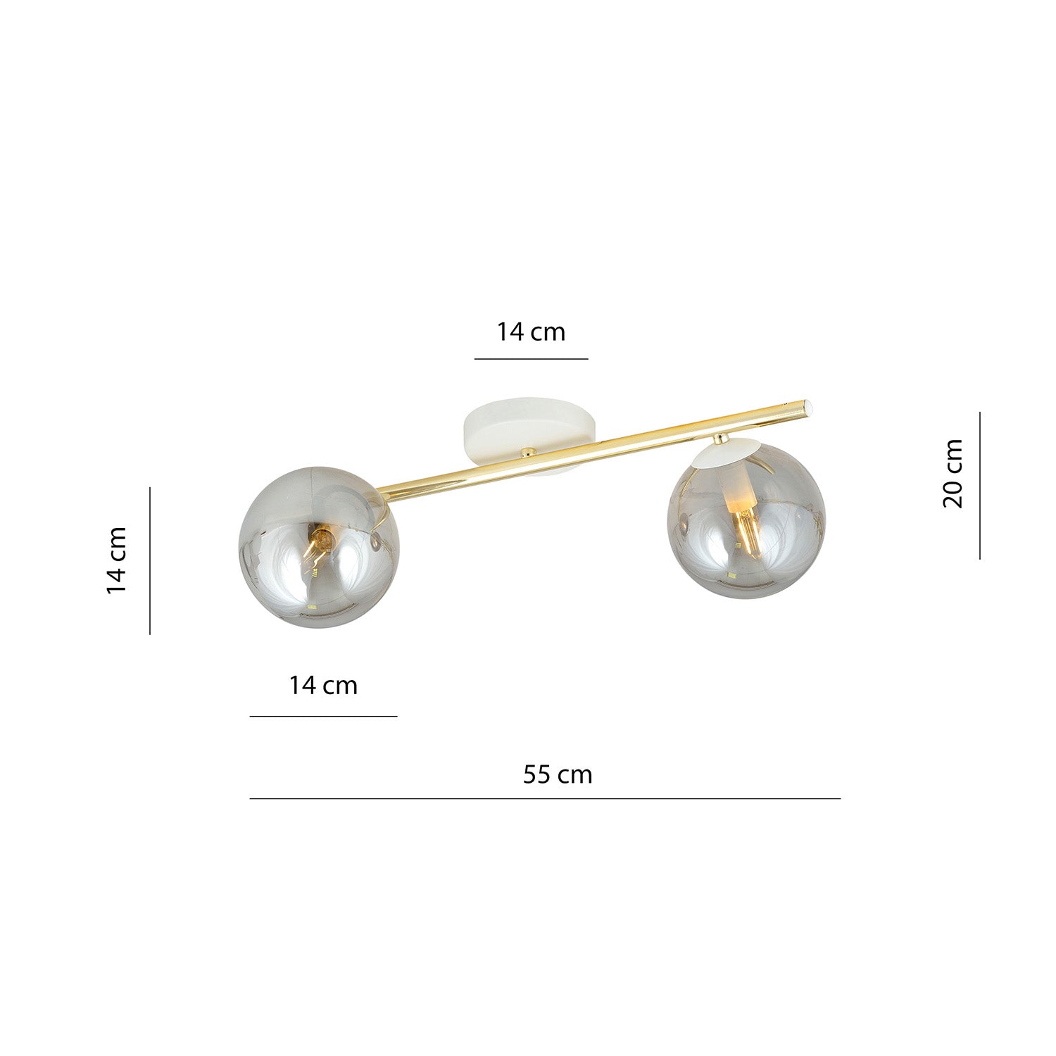 Plafoniera Contemporanea 2 Luci Eracle In Acciaio Oro/Bianco E Sfere Vetro Fumè