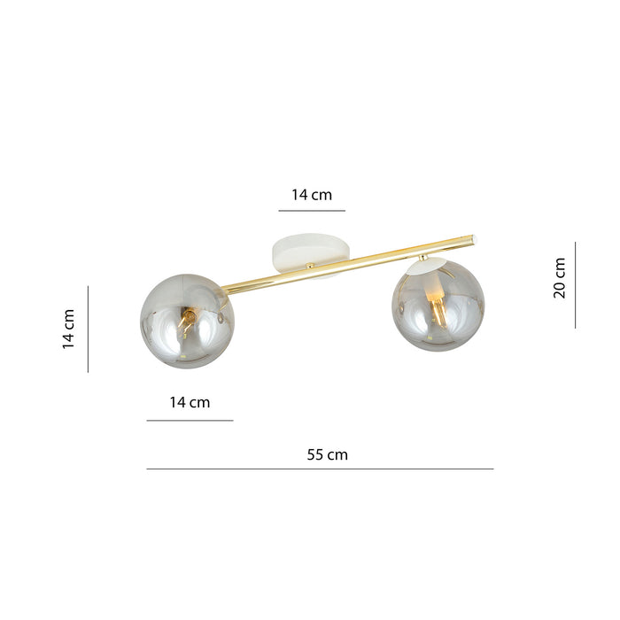 Plafoniera Contemporanea 2 Luci Eracle In Acciaio Oro/Bianco E Sfere Vetro Fumè