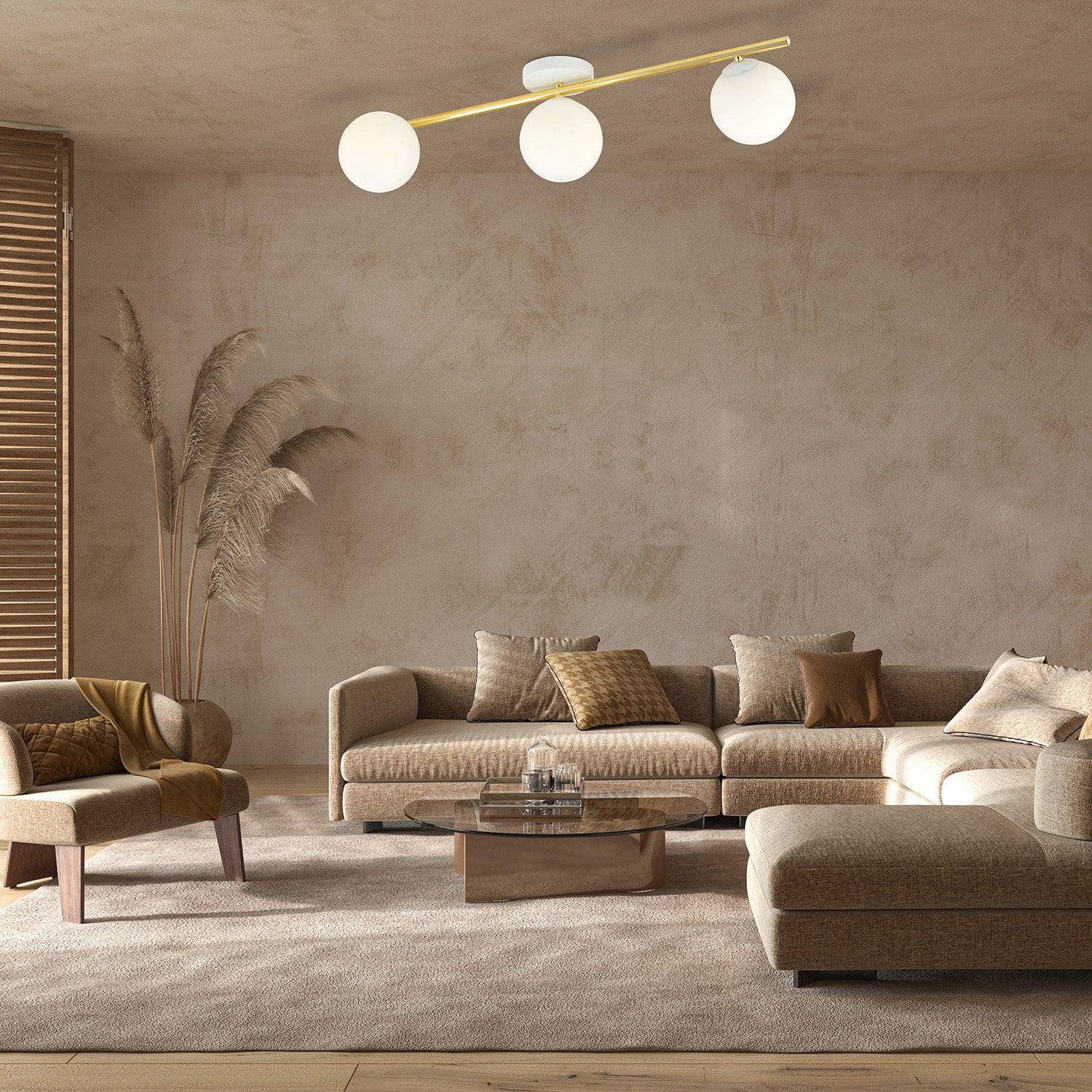 Plafoniera Contemporanea 3 Luci Eracle In Acciaio Oro E Sfere Vetro Bianco