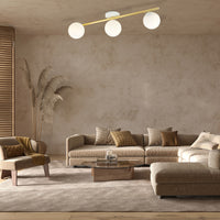 Plafoniera Contemporanea 3 Luci Eracle In Acciaio Oro E Sfere Vetro Bianco