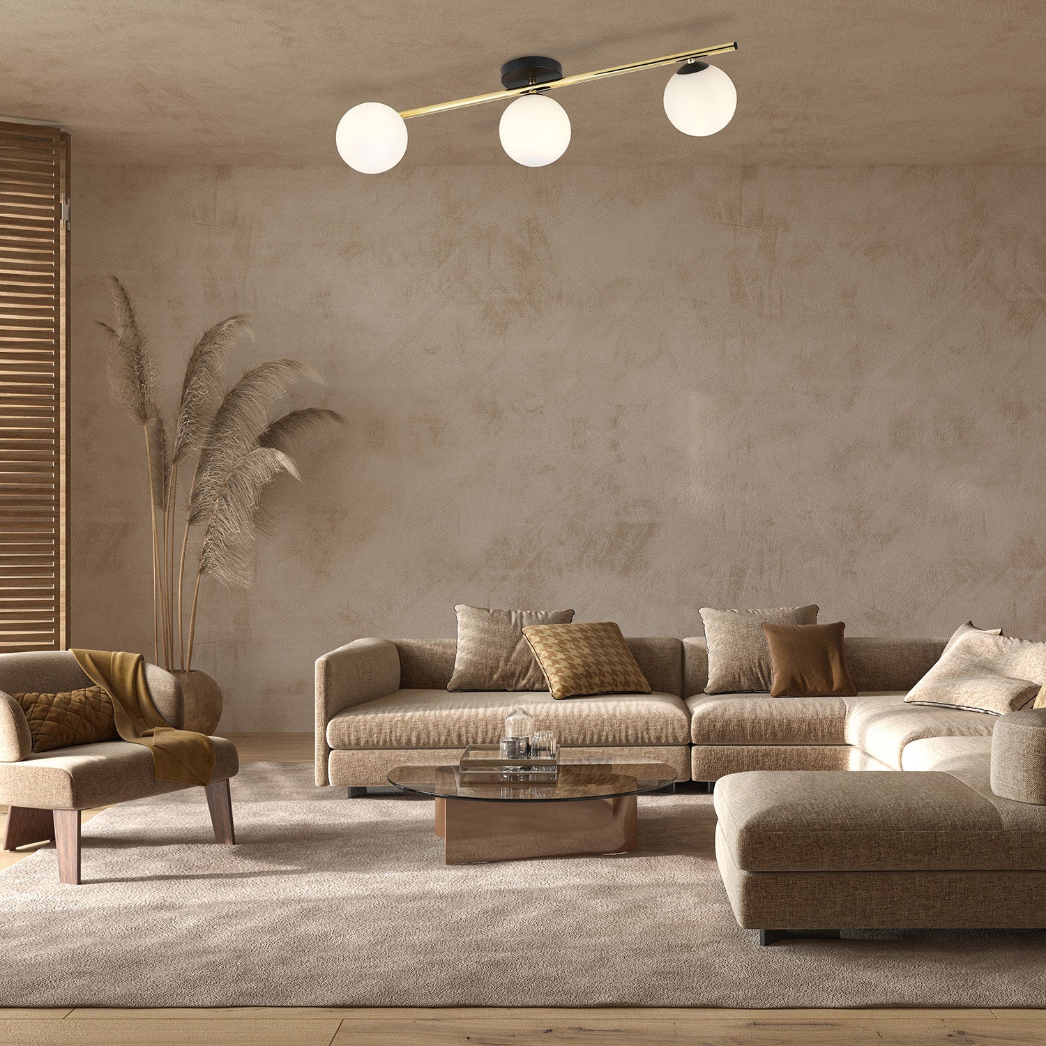 Plafoniera Contemporanea 3 Luci Eracle In Acciaio Oro/Nero E Sfere Vetro Bianco