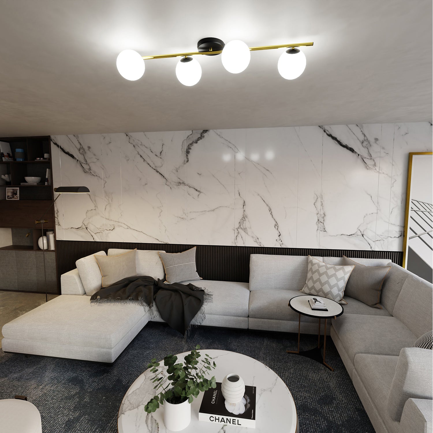 Plafoniera Contemporanea 4 Luci Eracle In Acciaio Oro/Nero E Sfere Vetro Bianco