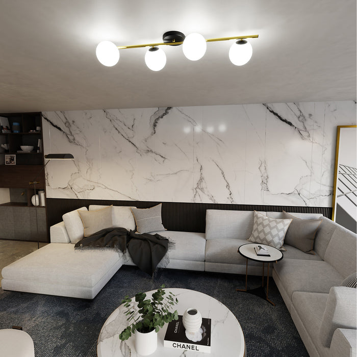 Plafoniera Contemporanea 4 Luci Eracle In Acciaio Oro/Nero E Sfere Vetro Bianco