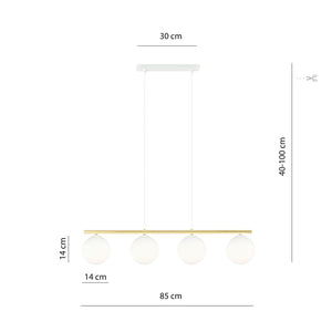 Sospensione Contemporanea 4 Luci Alora In Acciaio Oro E Sfere Vetro Bianco