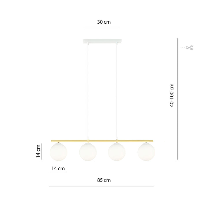 Sospensione Contemporanea 4 Luci Alora In Acciaio Oro E Sfere Vetro Bianco