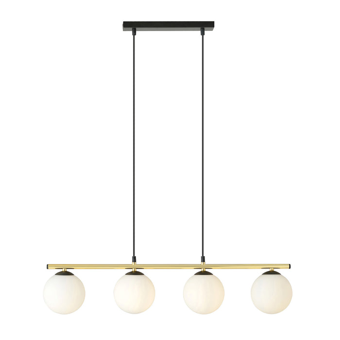 Sospensione Contemporanea 4 Luci Odisseo In Acciaio Oro Nero E Sfere Vetro Bianco