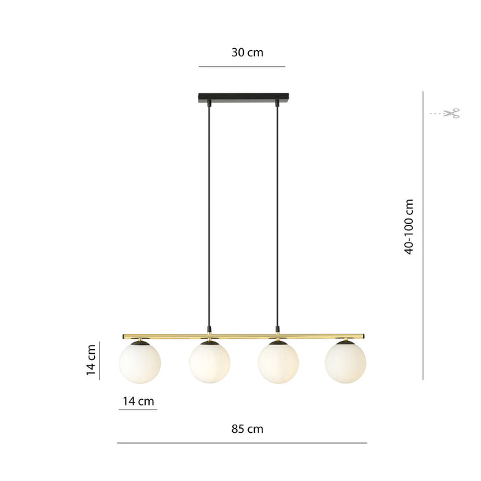Sospensione Contemporanea 4 Luci Odisseo In Acciaio Oro Nero E Sfere Vetro Bianco