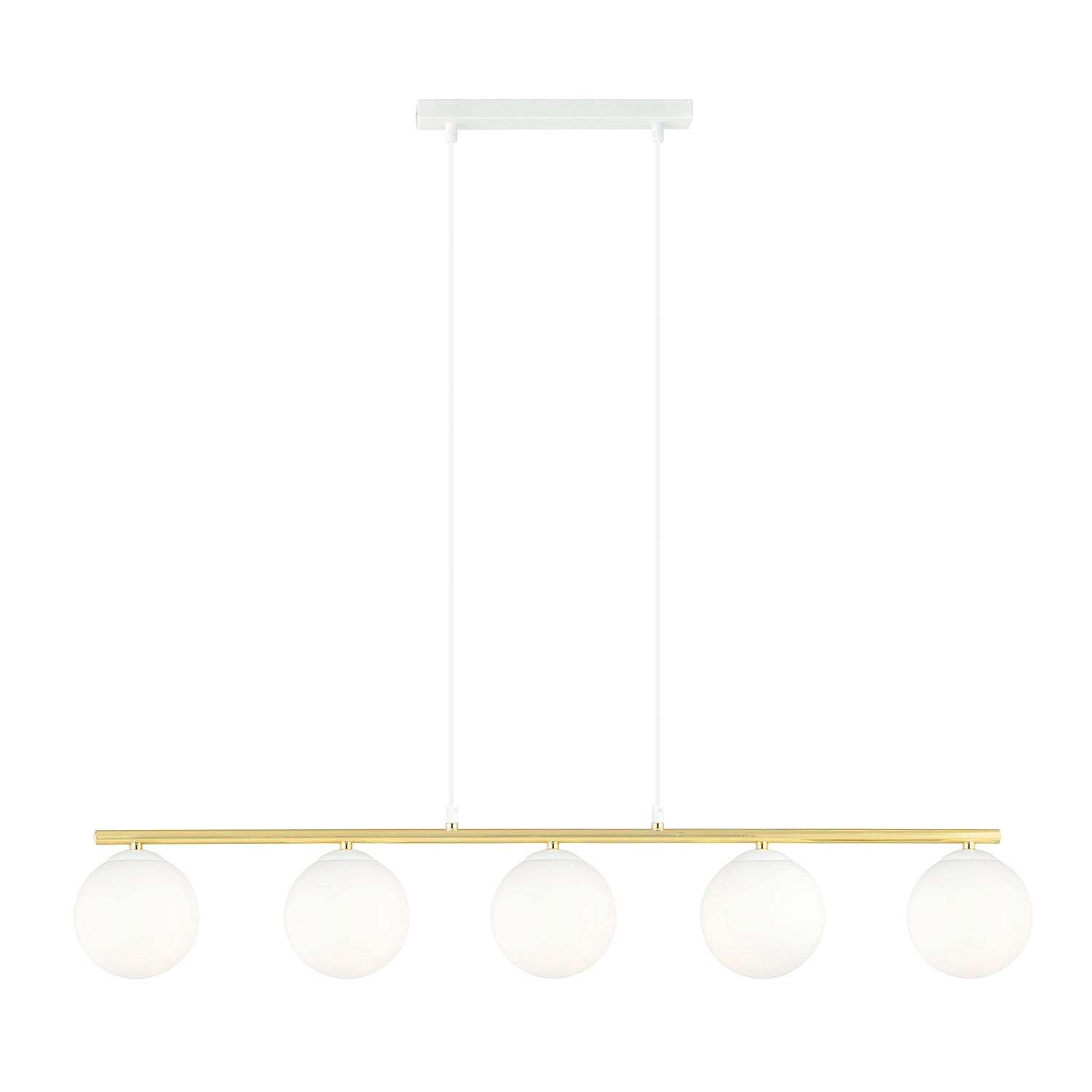 Sospensione Contemporanea 5 Luci Alora In Acciaio Oro E Sfere Vetro Bianco