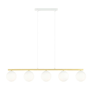 Sospensione Contemporanea 5 Luci Alora In Acciaio Oro E Sfere Vetro Bianco