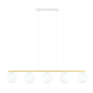 Sospensione Contemporanea 5 Luci Alora In Acciaio Oro E Sfere Vetro Bianco