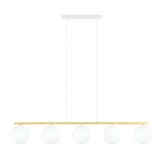 Sospensione Contemporanea 5 Luci Alora In Acciaio Oro E Sfere Vetro Bianco