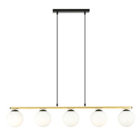 Sospensione Contemporanea 5 Luci Alora In Acciaio Oro Nero E Sfere Vetro Bianco