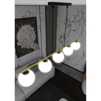 Sospensione Contemporanea 5 Luci Alora In Acciaio Oro Nero E Sfere Vetro Bianco