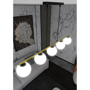 Sospensione Contemporanea 5 Luci Alora In Acciaio Oro Nero E Sfere Vetro Bianco