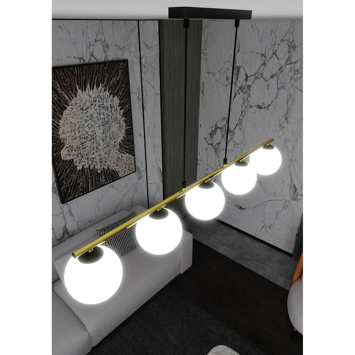 Sospensione Contemporanea 5 Luci Alora In Acciaio Oro Nero E Sfere Vetro Bianco