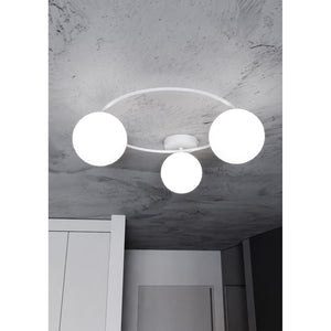 Plafoniera Minimal 3 Luci Perseo In Acciaio Bianco E Sfere In Vetro Bianco