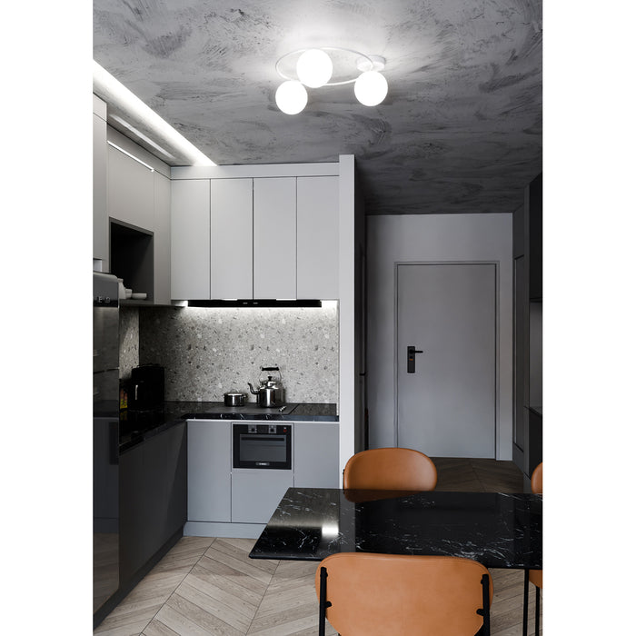 Plafoniera Minimal 3 Luci Perseo In Acciaio Bianco E Sfere In Vetro Bianco