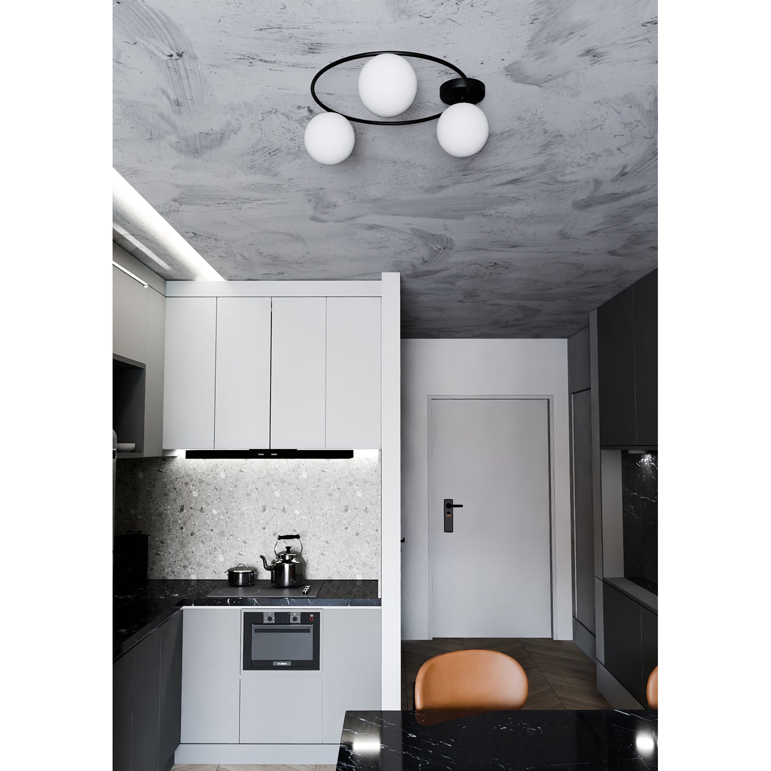 Plafoniera Minimal 3 Luci Perseo In Acciaio Nero E Sfere In Vetro Bianco