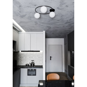 Plafoniera Minimal 3 Luci Perseo In Acciaio Nero E Sfere In Vetro Bianco