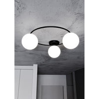 Plafoniera Minimal 3 Luci Perseo In Acciaio Nero E Sfere In Vetro Bianco