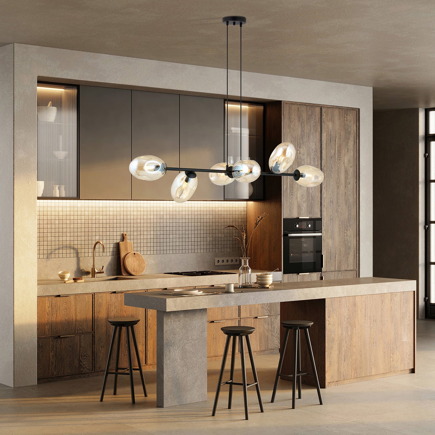 Sospensione Contemporanea 6 Luci Giasone In Acciaio Nero E Vetro Ambra