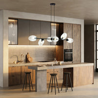 Sospensione Contemporanea 6 Luci Giasone In Acciaio Nero E Vetro Trasparente