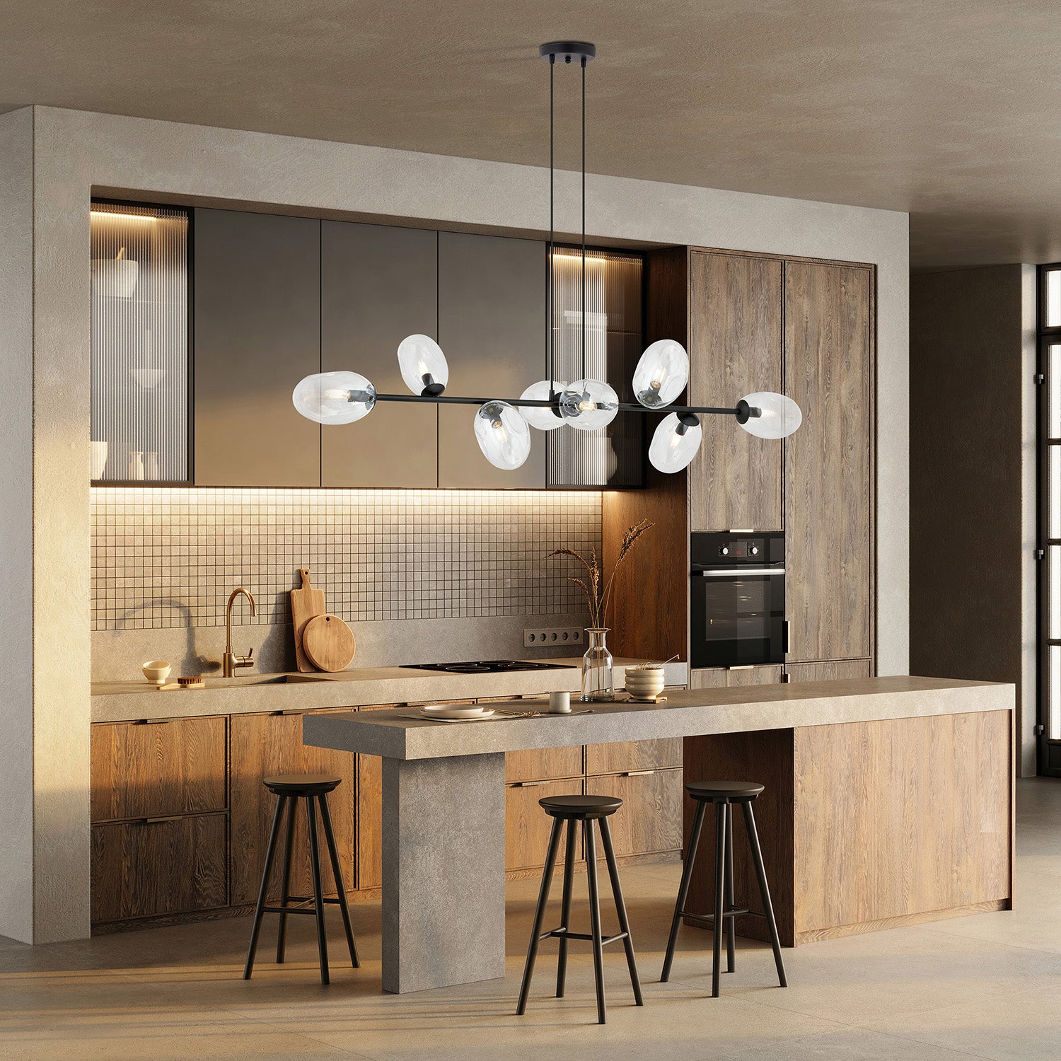 Sospensione Contemporanea 8 Luci Giasone In Acciaio Nero E Vetro Trasparente