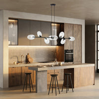 Sospensione Contemporanea 8 Luci Giasone In Acciaio Nero E Vetro Trasparente