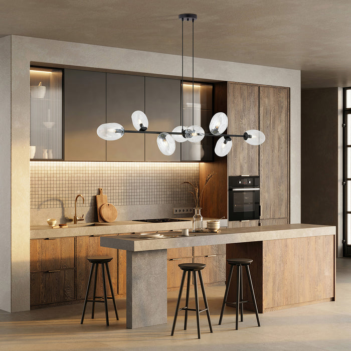 Sospensione Contemporanea 8 Luci Giasone In Acciaio Nero E Vetro Trasparente