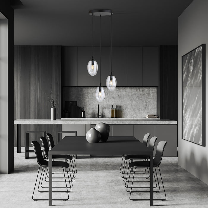 Sospensione Minimal 3 Luci Atalanta Acciaio Nero E Vetro Trasparente