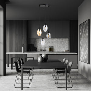 Sospensione Minimal 4 Luci Atalanta Acciaio Nero E Vetro Ambra, Fumè E Trasparente