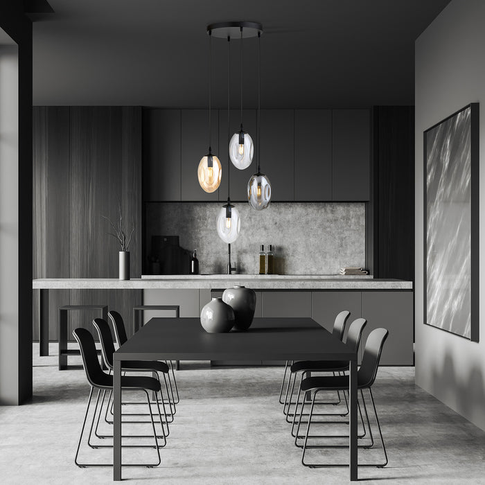 Sospensione Minimal 4 Luci Atalanta Acciaio Nero E Vetro Ambra, Fumè E Trasparente