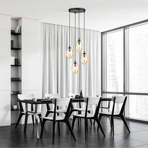 Sospensione Minimal 4 Luci Atalanta Acciaio Nero E Vetro Ambra