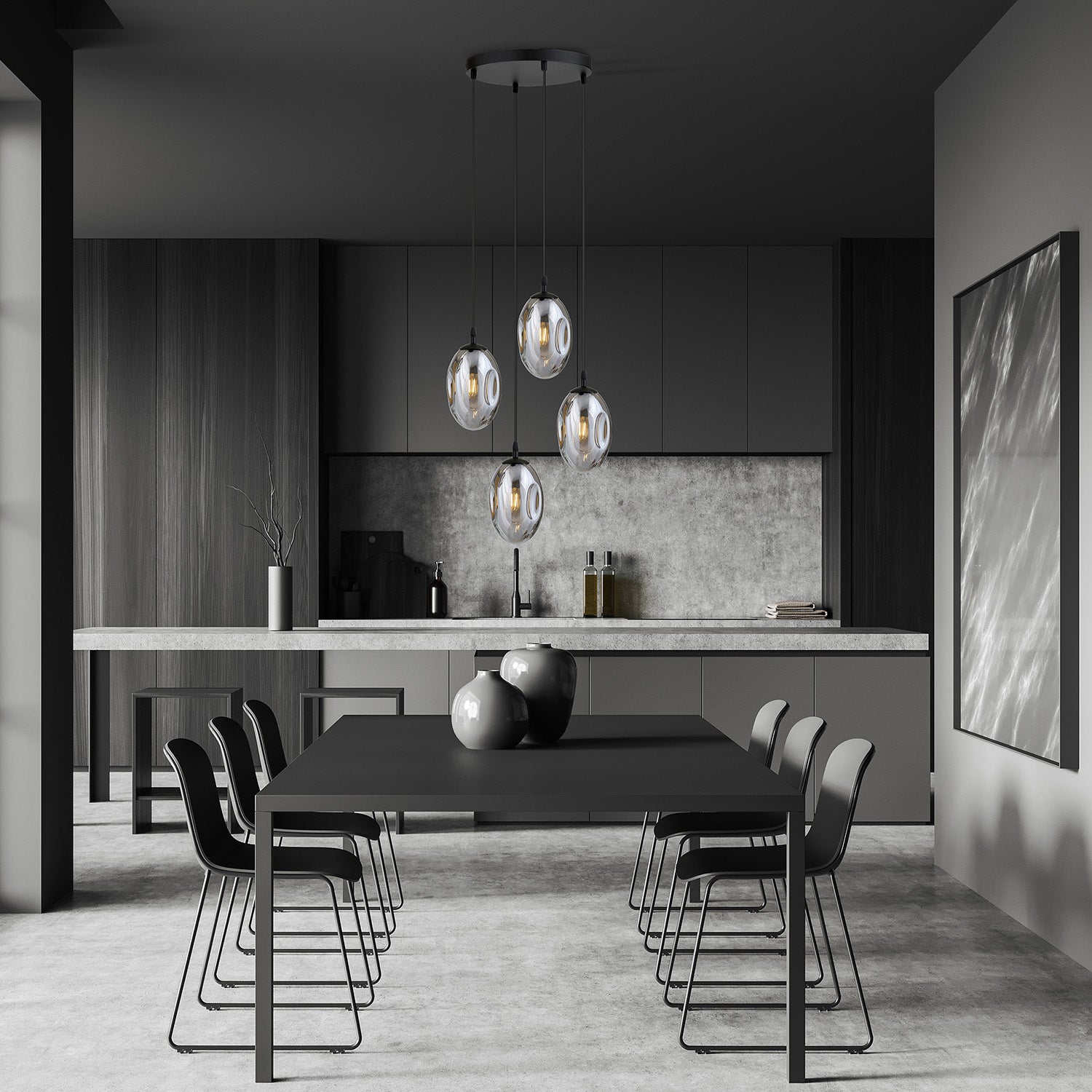 Sospensione Minimal 4 Luci Atalanta Acciaio Nero E Vetro Fumè