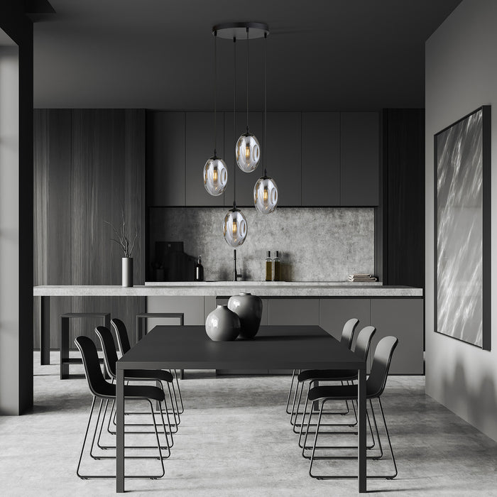 Sospensione Minimal 4 Luci Atalanta Acciaio Nero E Vetro Fumè