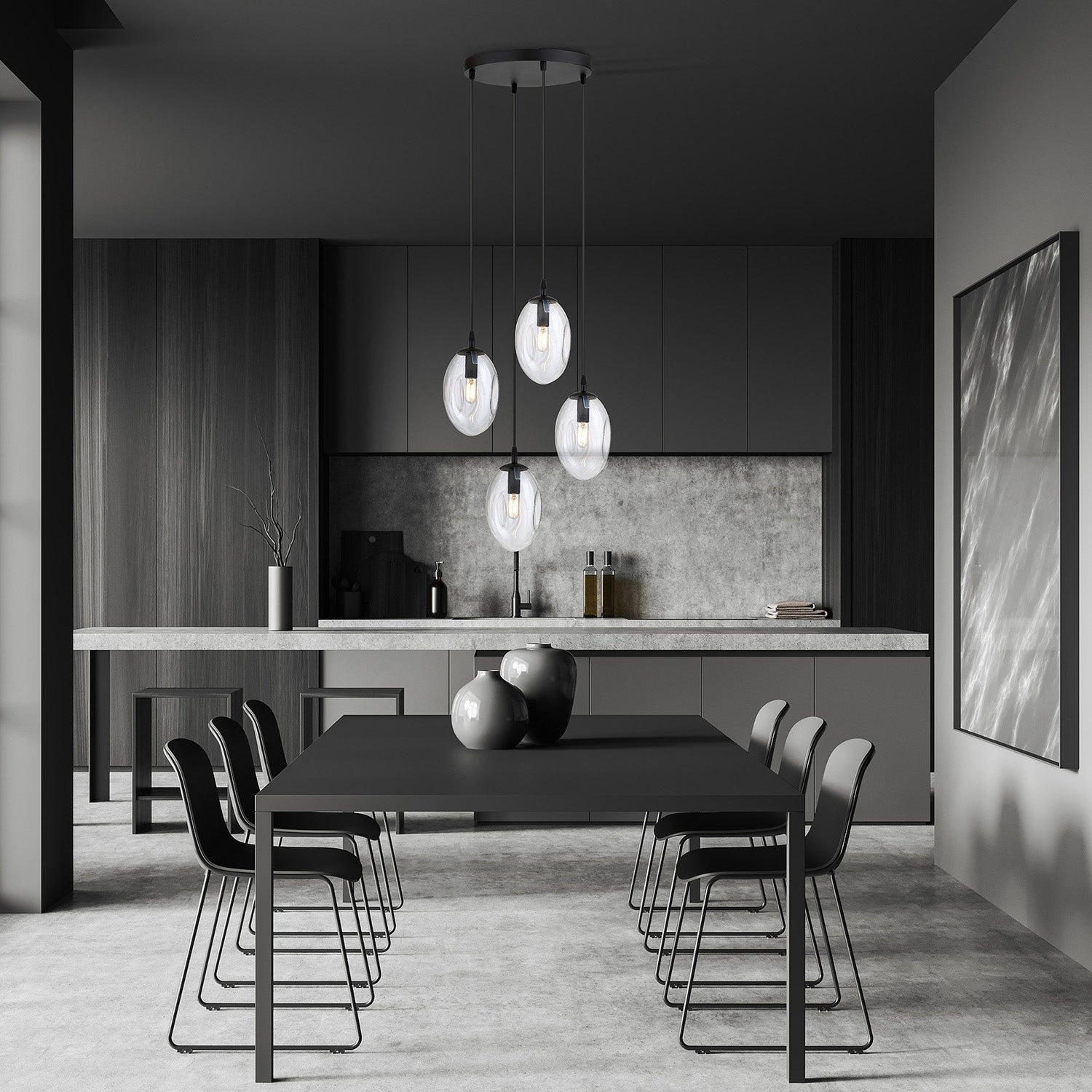 Sospensione Minimal 4 Luci Atalanta Acciaio Nero E Vetro Trasparente