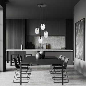 Sospensione Minimal 4 Luci Atalanta Acciaio Nero E Vetro Trasparente