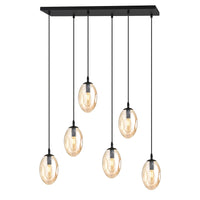 Sospensione Minimal 6 Luci Atalanta Acciaio Nero E Vetro Ambra