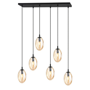 Sospensione Minimal 6 Luci Atalanta Acciaio Nero E Vetro Ambra