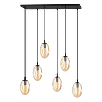 Sospensione Minimal 6 Luci Atalanta Acciaio Nero E Vetro Ambra