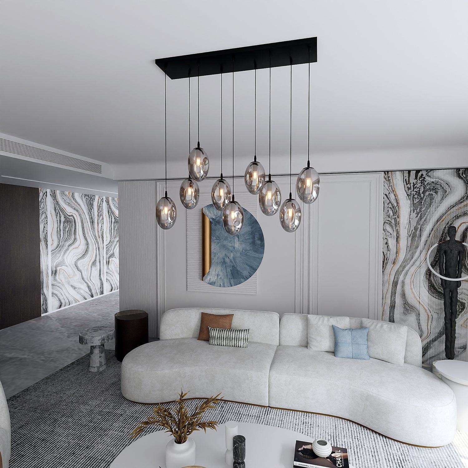 Sospensione Minimal 9 Luci Atalanta Acciaio Nero E Vetro Fumè