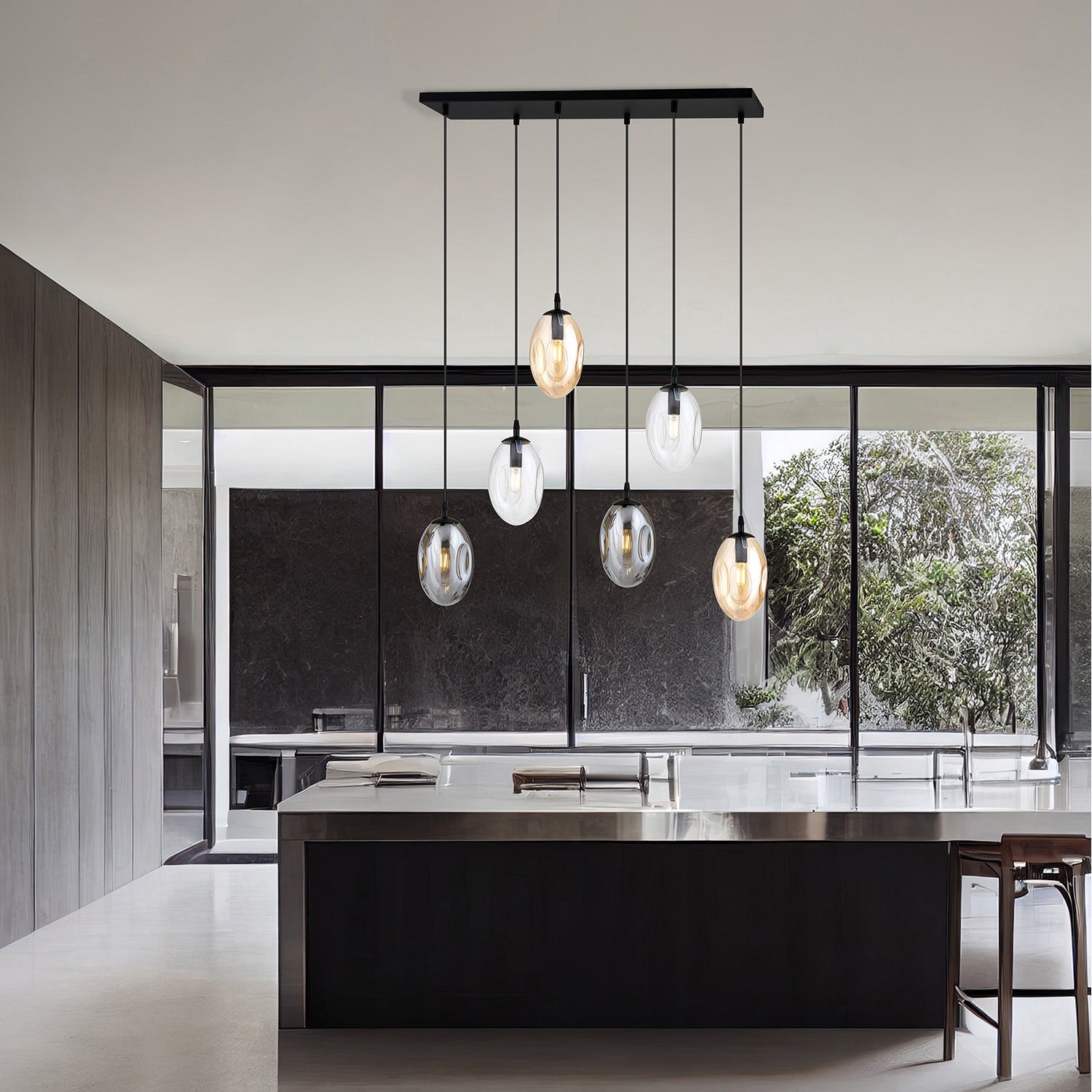 Sospensione Minimal 6 Luci Atalanta Acciaio Nero E Vetro Ambra, Fumè E Trasparente