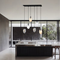 Sospensione Minimal 6 Luci Atalanta Acciaio Nero E Vetro Ambra, Fumè E Trasparente