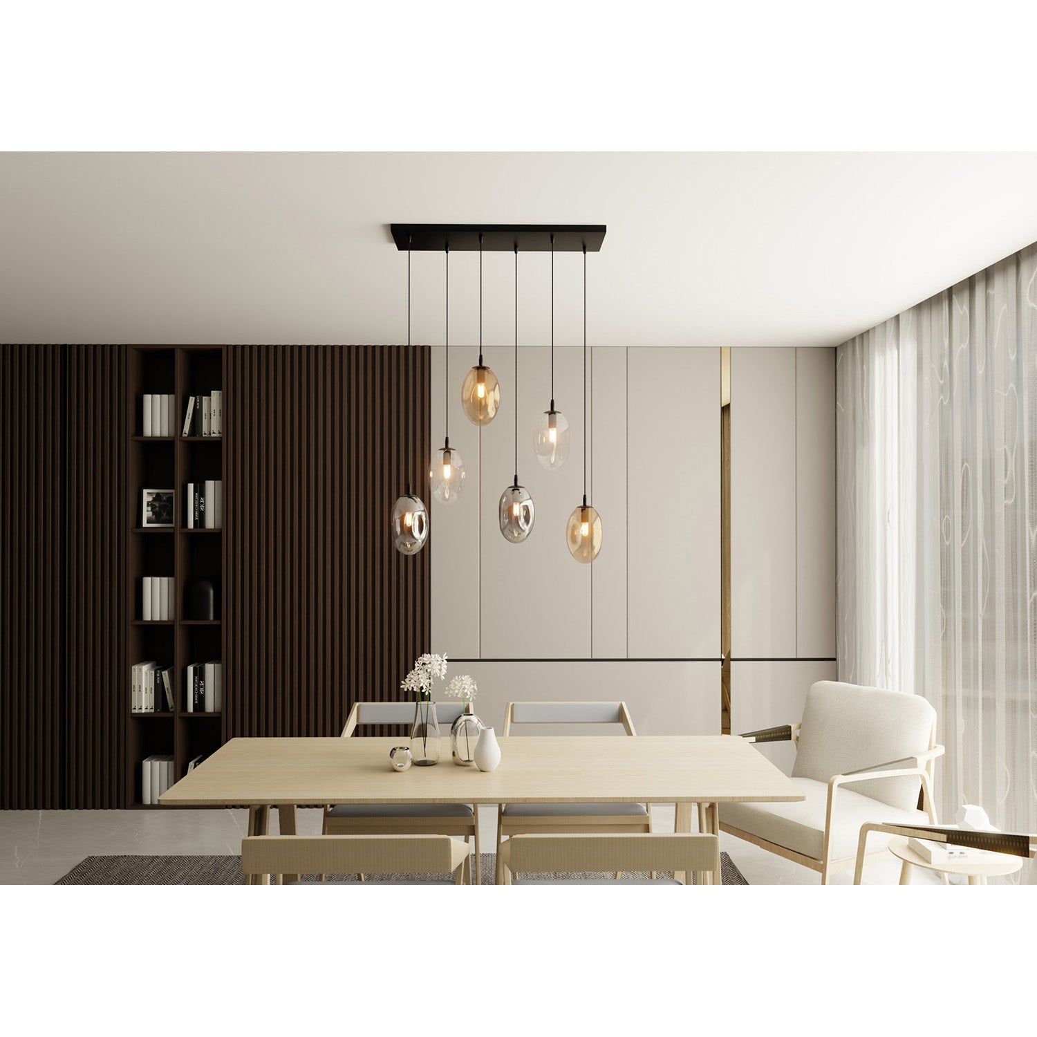 Sospensione Minimal 6 Luci Atalanta Acciaio Nero E Vetro Ambra, Fumè E Trasparente