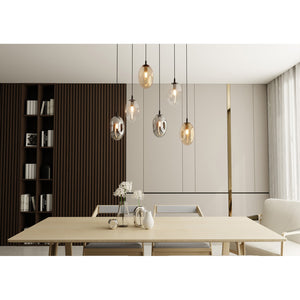 Sospensione Minimal 6 Luci Atalanta Acciaio Nero E Vetro Ambra, Fumè E Trasparente