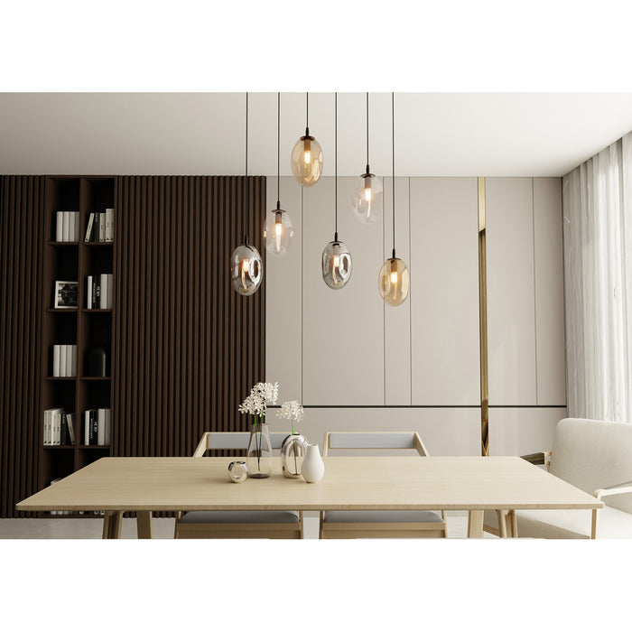 Sospensione Minimal 6 Luci Atalanta Acciaio Nero E Vetro Ambra, Fumè E Trasparente