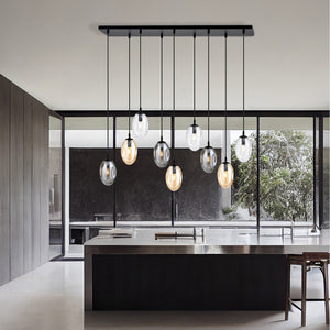 Sospensione Minimal 9 Luci Atalanta Acciaio Nero E Vetro Ambra, Fumè E Trasparente