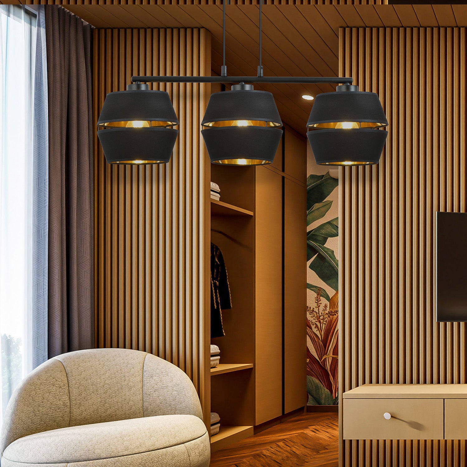 Sospensione Contemporanea 3 Luci Bellerofonte In Metallo Nero E Oro