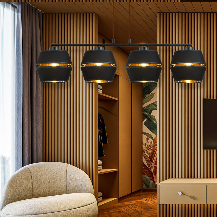 Sospensione Contemporanea 4 Luci Bellerofonte In Metallo Nero E Oro