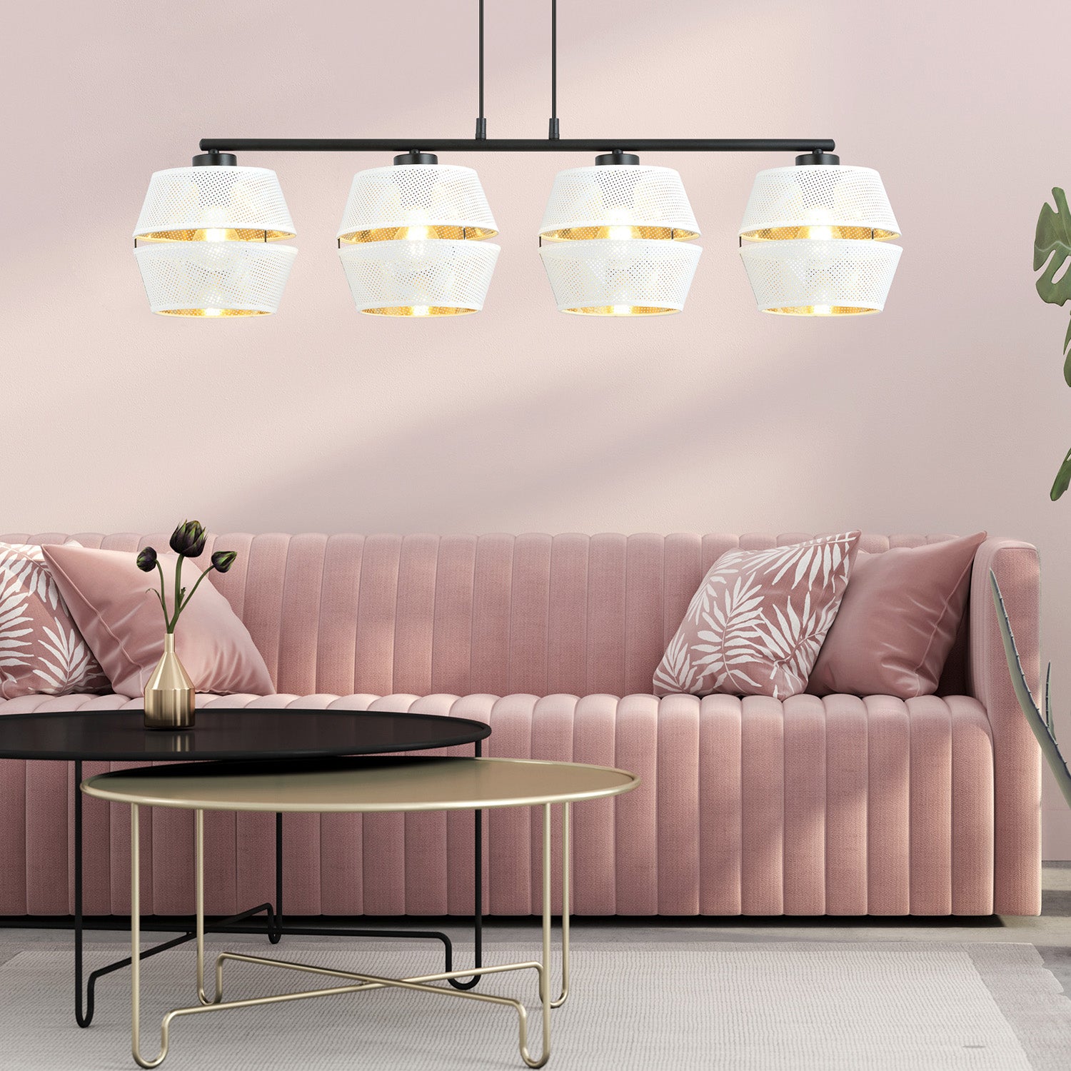 Sospensione Contemporanea 4 Luci Enea In Metallo Bianco E Oro